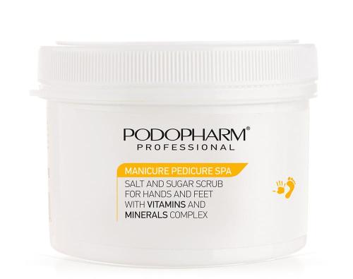 peeling z witaminami.jpg  PODOPHARM # Peeling solno-cukrowy do dłoni i stóp z kompleksem witamin i minerałów 600 g